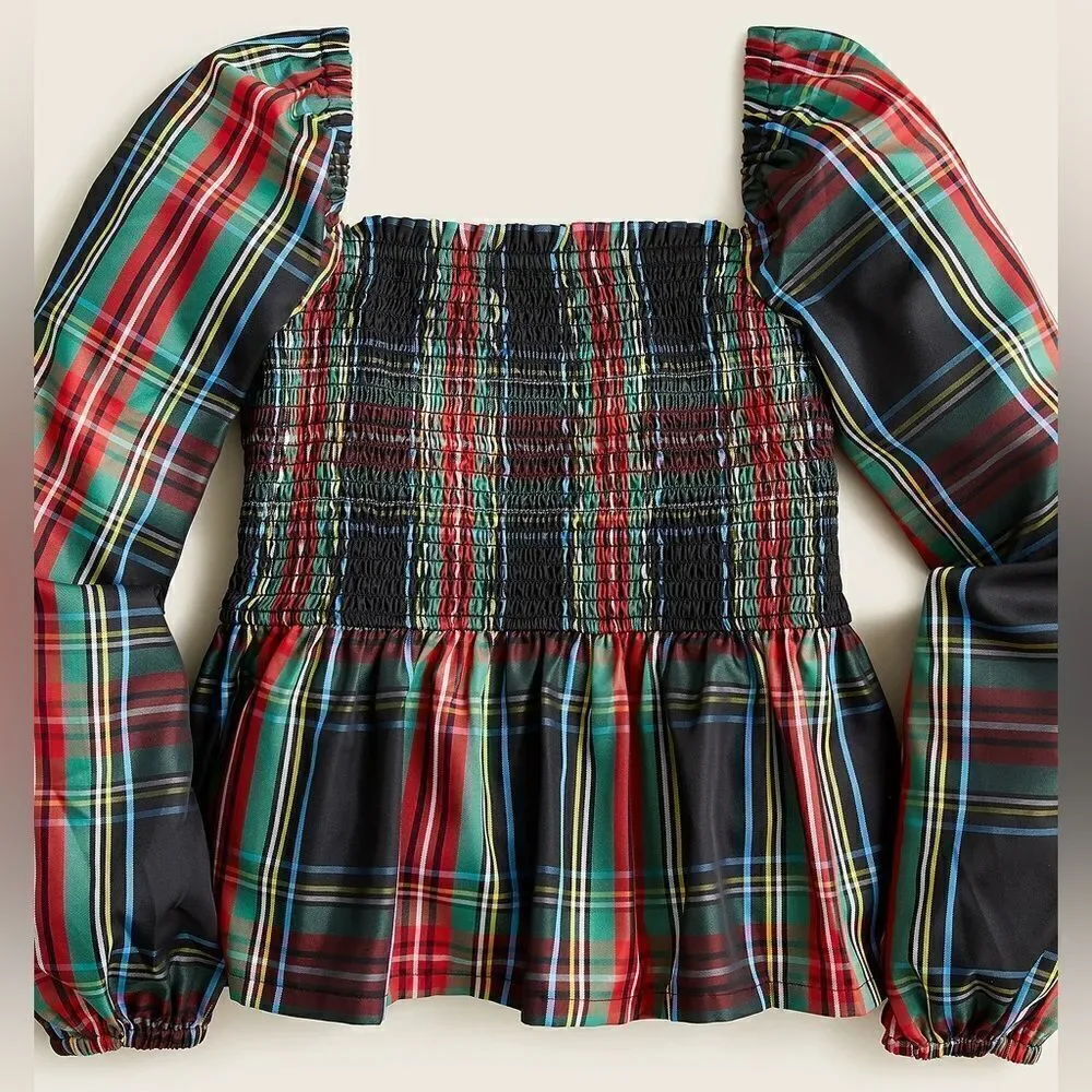 J Crew Puff-sleeve Smocked Top in Stewart Tartan NWT